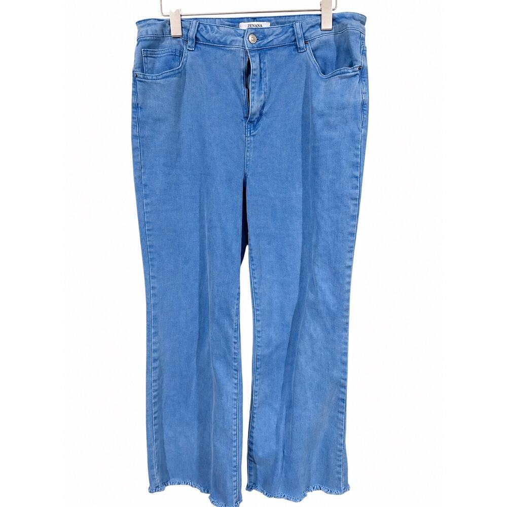 Zenana Womens Extra Large Light Wash Blue Wide Leg Crop Raw Hem Stretch Jeans
